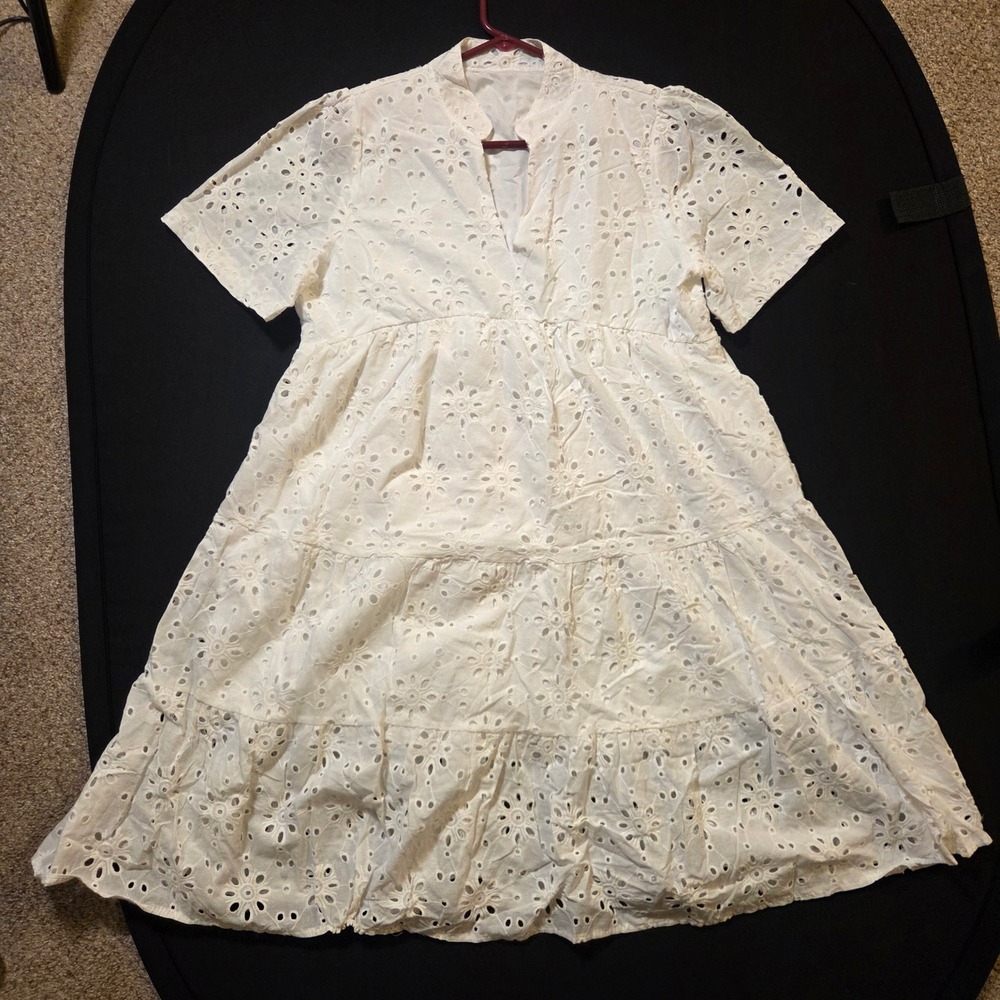Unbranded White Eyelet Lace Tiered Babydoll Dress V-Neck Short Sleeve Boho Mini